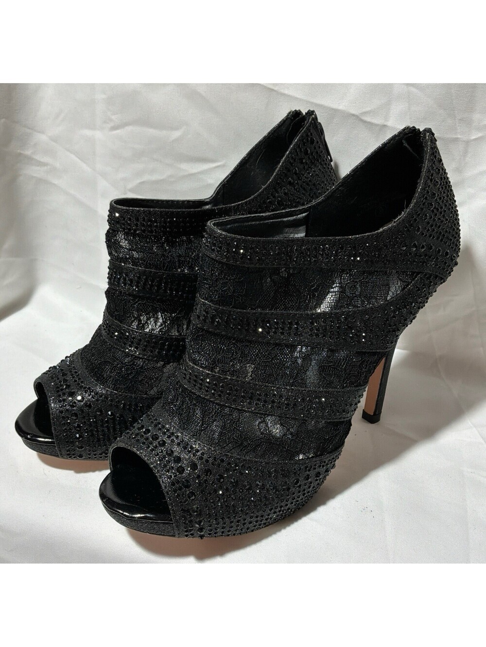 black lace and rhinestone peep-toe high-heel booties